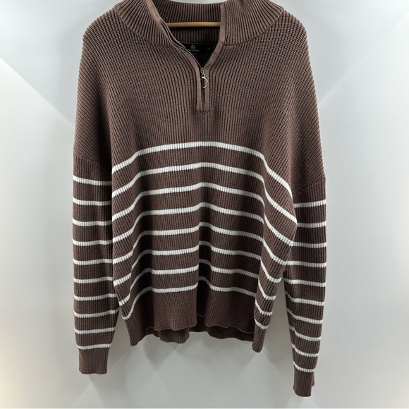 LILLUSORY Sweaters - Lillusory Knitted Quarter-Zip Brown & White Striped Sweater – Size Large